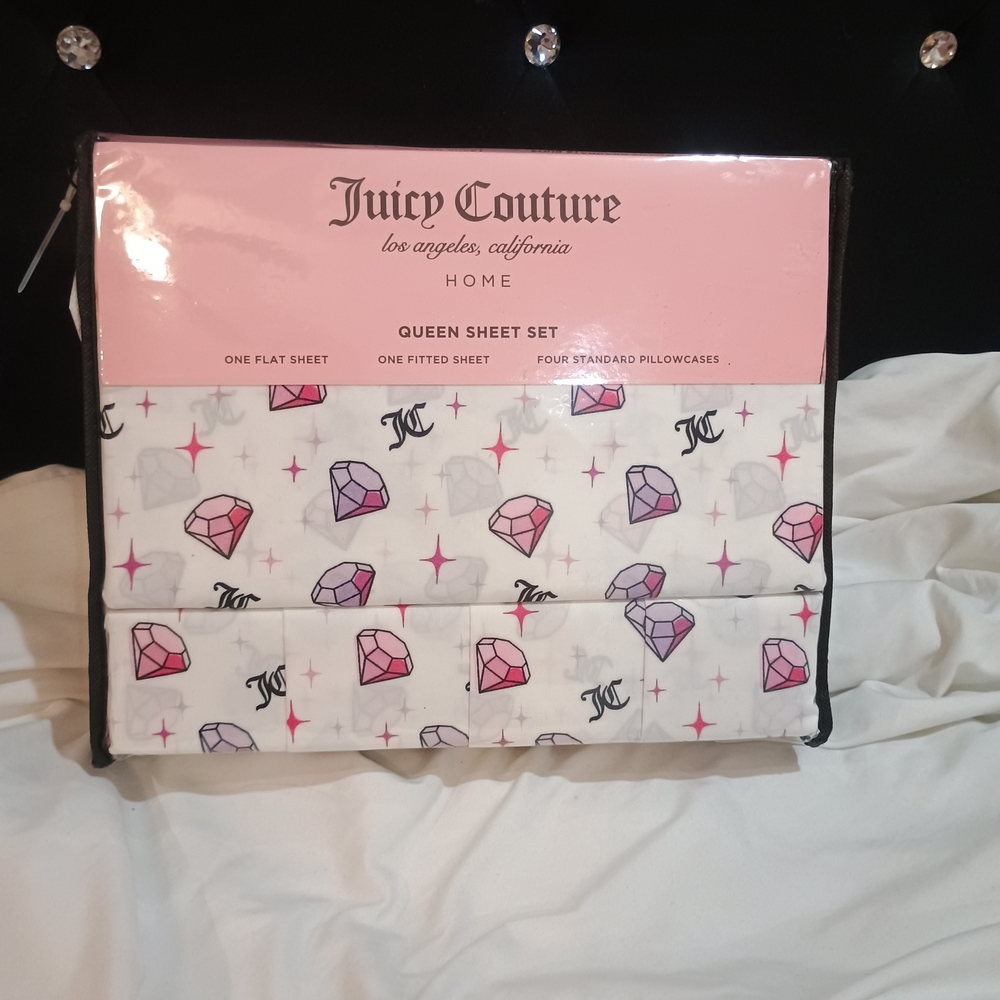 New Juicy Couture Diamond Print Pink White Purple Sheet Set Queen